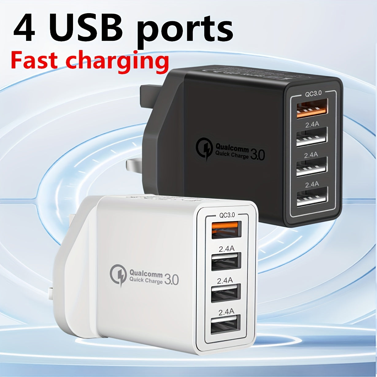 4-Port USB Fast Charger UK Plug - Quick Charge 3.0 Wall Adapter for iPhone & Android Devices (10-20W)