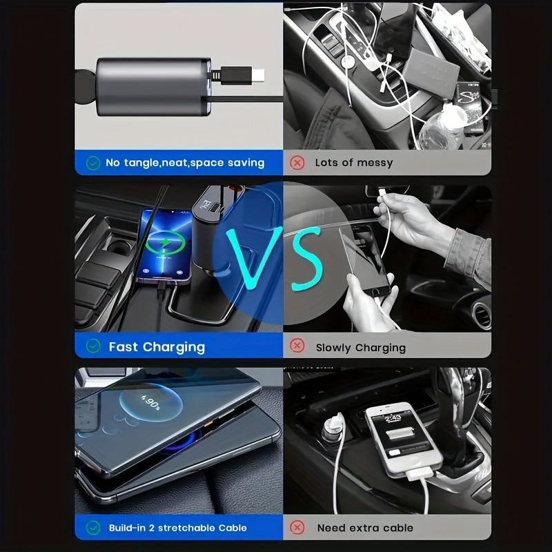 4-in-1 Retractable Car Phone Charger | Dual USB Ports | Fast Charging Adapter for Android | Compact Auto Interior Accessory