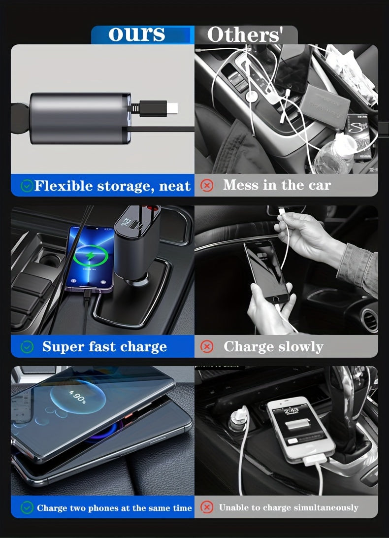 4-in-1 Retractable Car Phone Charger | Dual USB Ports | Fast Charging Adapter for Android | Compact Auto Interior Accessory