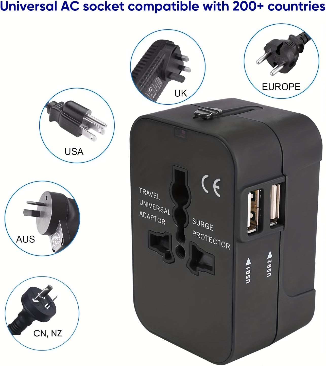 Global Travel Charger with Dual USB Ports – All-in-One Universal Wall Adapter (USA/EU/UK/AUS Plugs) for Phones, Tablets & Devices – Compact 110V-220V Power Converter