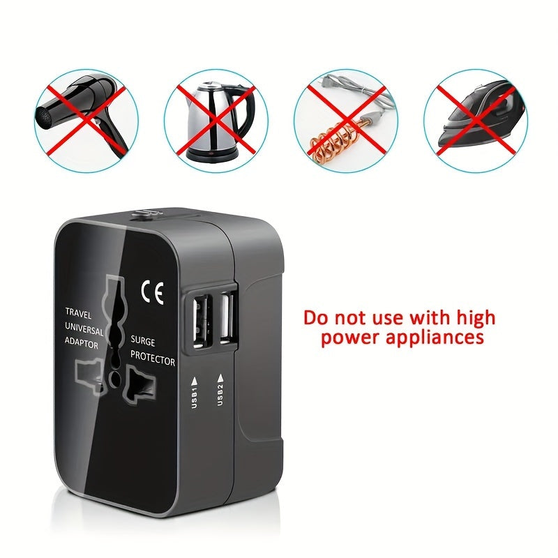Global Travel Charger with Dual USB Ports – All-in-One Universal Wall Adapter (USA/EU/UK/AUS Plugs) for Phones, Tablets & Devices – Compact 110V-220V Power Converter