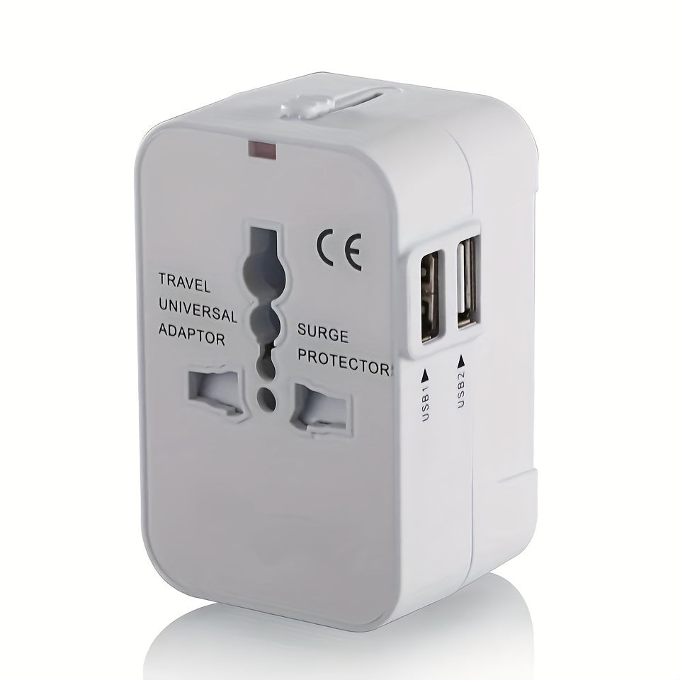 Global Travel Charger with Dual USB Ports – All-in-One Universal Wall Adapter (USA/EU/UK/AUS Plugs) for Phones, Tablets & Devices – Compact 110V-220V Power Converter