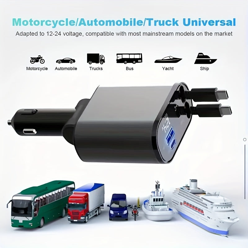 4-in-1 Retractable Car Phone Charger | Dual USB Ports | Fast Charging Adapter for Android | Compact Auto Interior Accessory