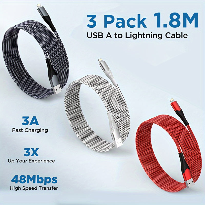 3/6pcs iPhone Fast Charging Cable Set – 1.8m Nylon Braided USB to Lightning Cable with Data Sync, 10-20W High-Speed Charging for iPhone 14/13/12/11/X Series (Red/Gray/White)