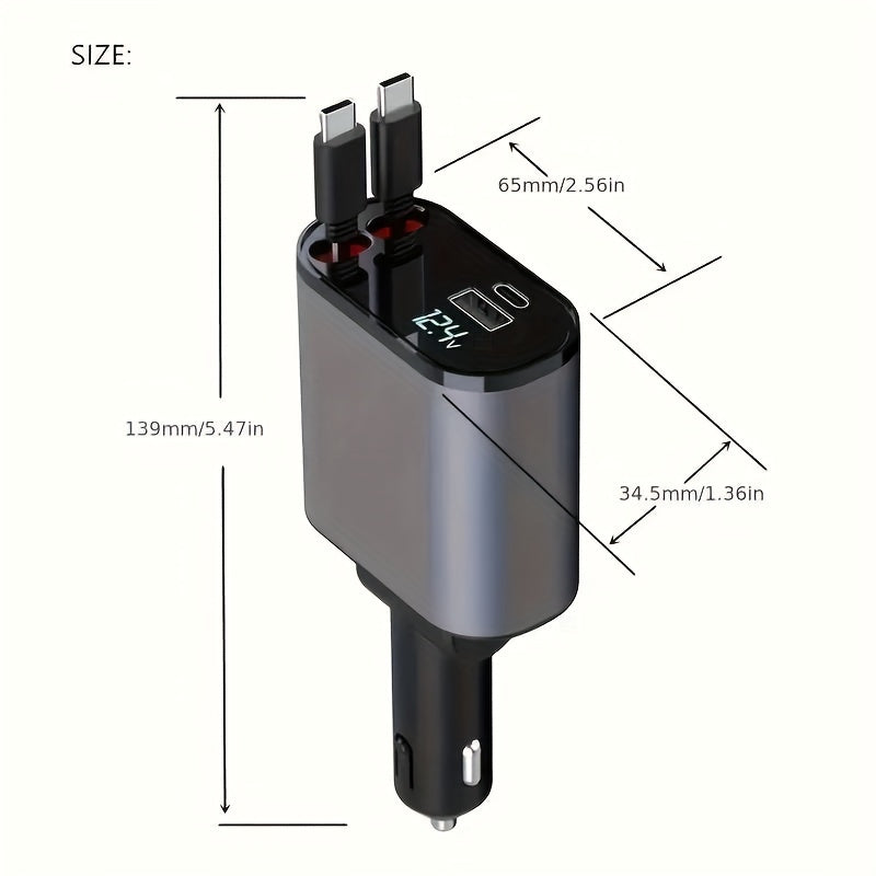 4-in-1 Retractable Car Phone Charger | Dual USB Ports | Fast Charging Adapter for Android | Compact Auto Interior Accessory