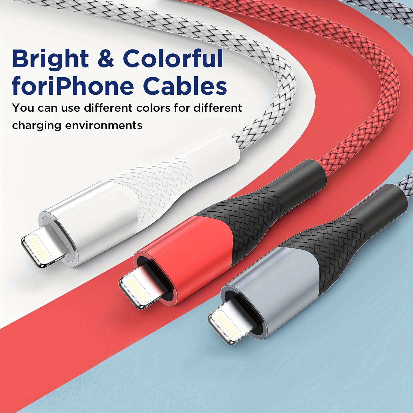 3/6pcs iPhone Fast Charging Cable Set – 1.8m Nylon Braided USB to Lightning Cable with Data Sync, 10-20W High-Speed Charging for iPhone 14/13/12/11/X Series (Red/Gray/White)