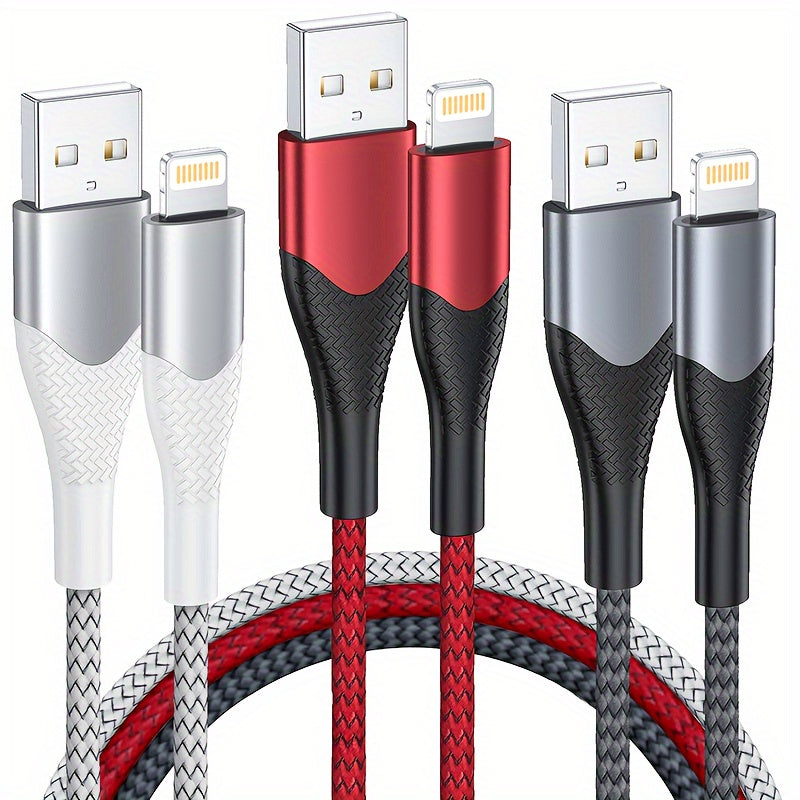 3/6pcs iPhone Fast Charging Cable Set – 1.8m Nylon Braided USB to Lightning Cable with Data Sync, 10-20W High-Speed Charging for iPhone 14/13/12/11/X Series (Red/Gray/White)