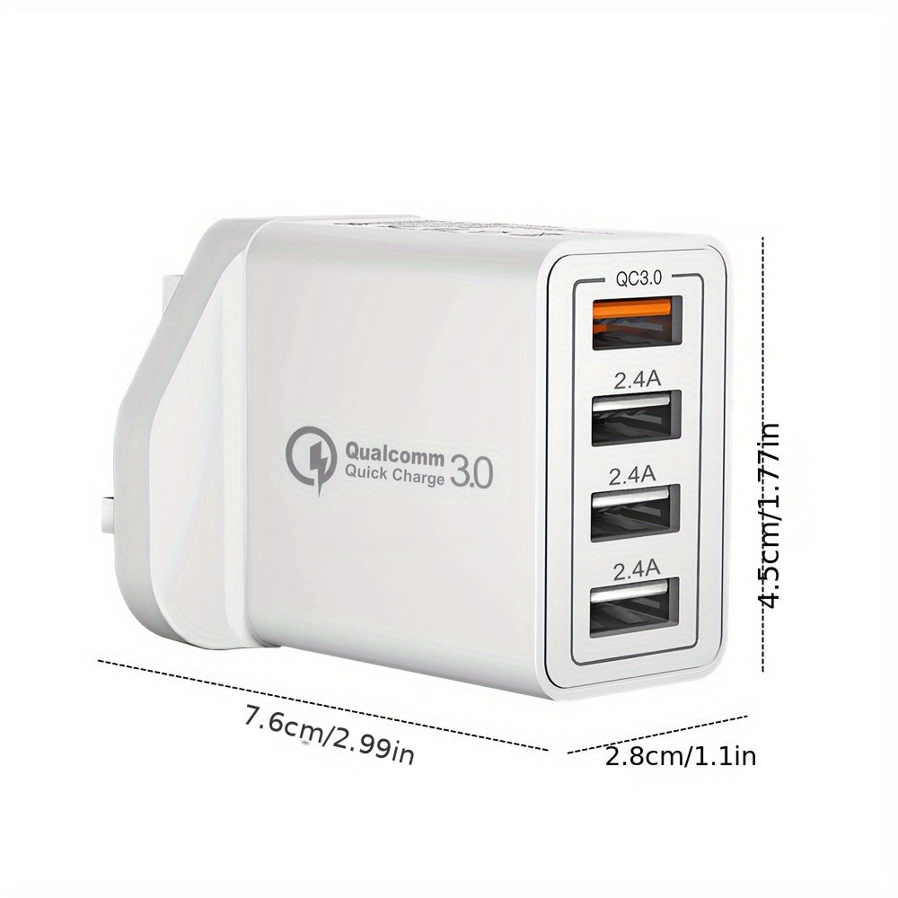 4-Port USB Fast Charger UK Plug - Quick Charge 3.0 Wall Adapter for iPhone & Android Devices (10-20W)