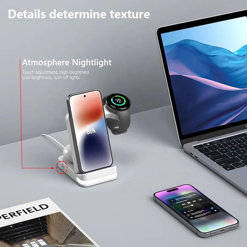 3-in-1 Foldable Fast Wireless Charging Station for iPhone, Android, Watch & Earbuds – 10W Output