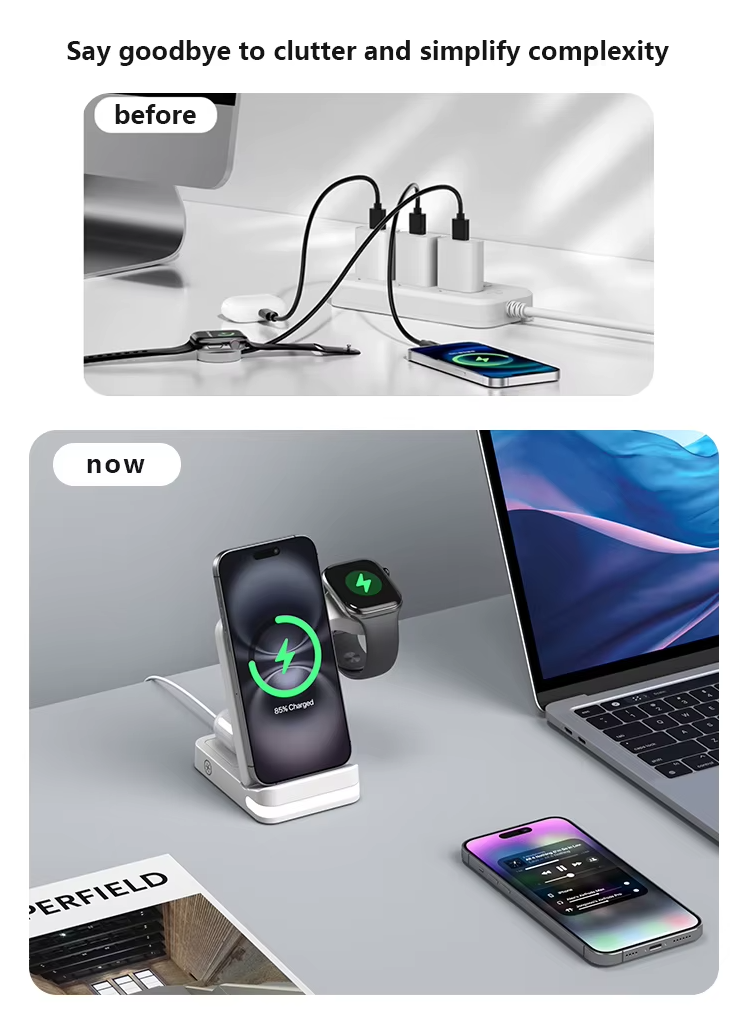 3-in-1 Foldable Fast Wireless Charging Station for iPhone, Android, Watch & Earbuds – 10W Output