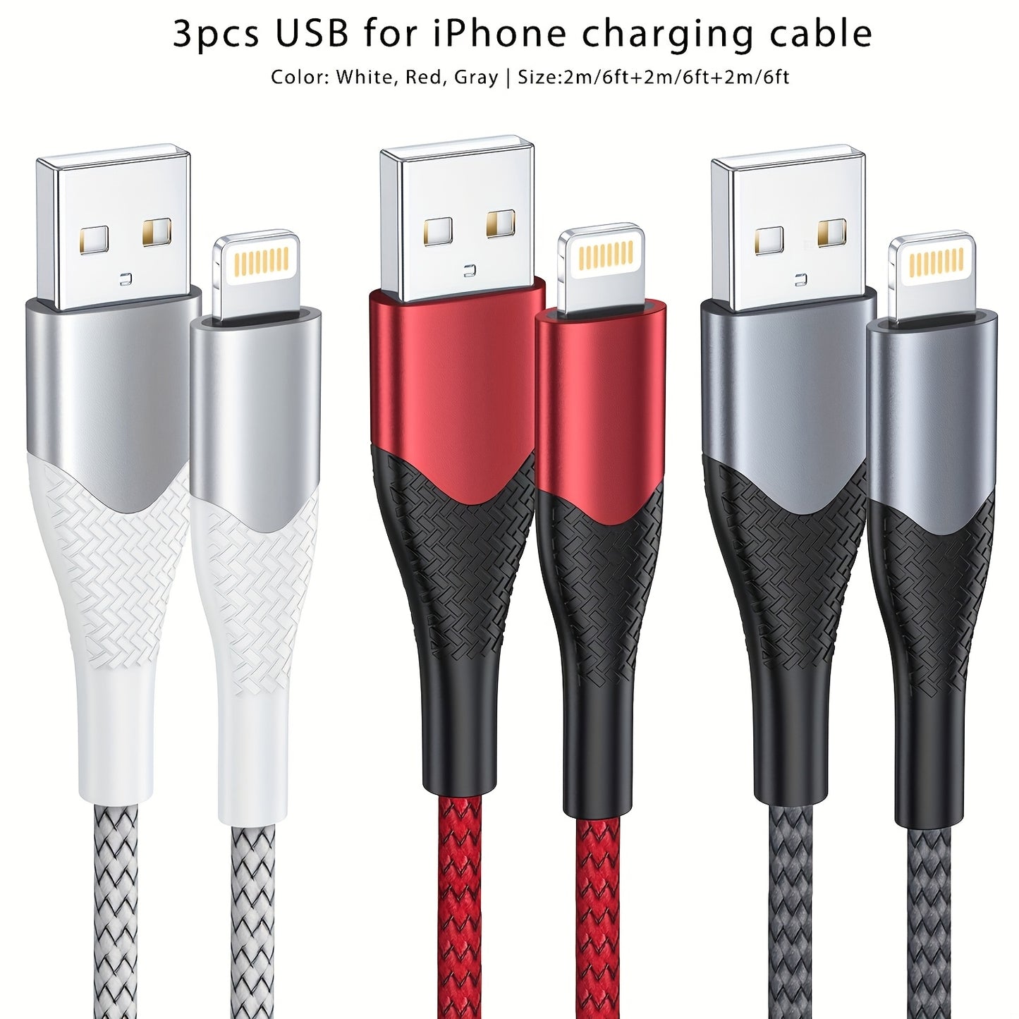 3/6pcs iPhone Fast Charging Cable Set – 1.8m Nylon Braided USB to Lightning Cable with Data Sync, 10-20W High-Speed Charging for iPhone 14/13/12/11/X Series (Red/Gray/White)