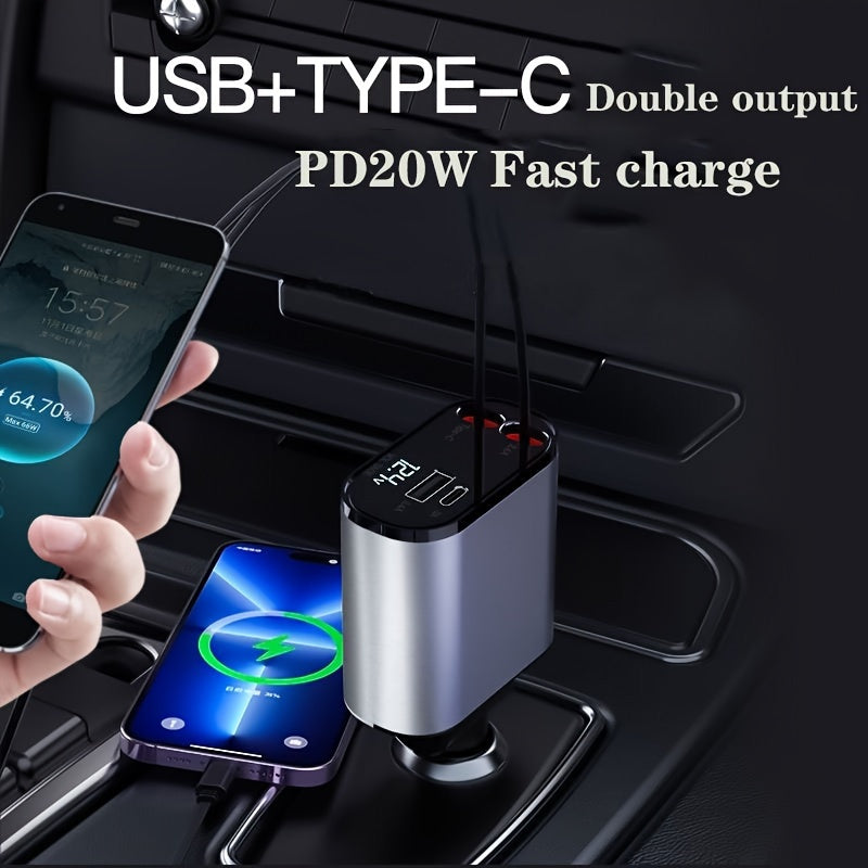 4-in-1 Retractable Car Phone Charger | Dual USB Ports | Fast Charging Adapter for Android | Compact Auto Interior Accessory