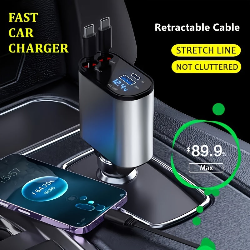 4-in-1 Retractable Car Phone Charger | Dual USB Ports | Fast Charging Adapter for Android | Compact Auto Interior Accessory