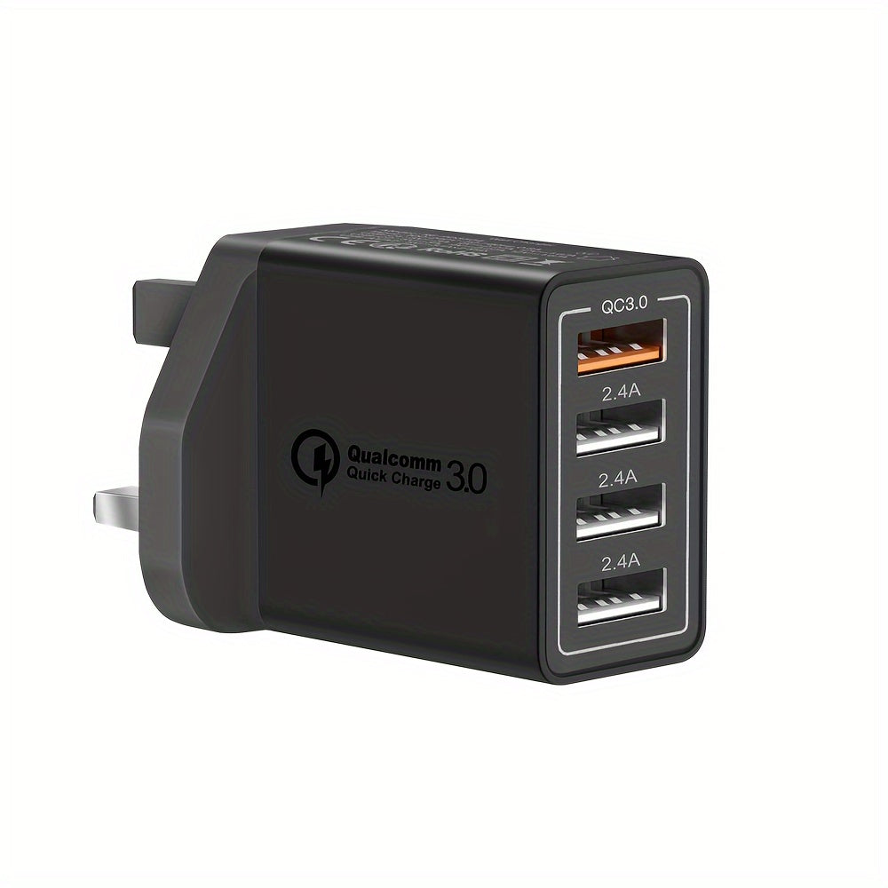 4-Port USB Fast Charger UK Plug - Quick Charge 3.0 Wall Adapter for iPhone & Android Devices (10-20W)