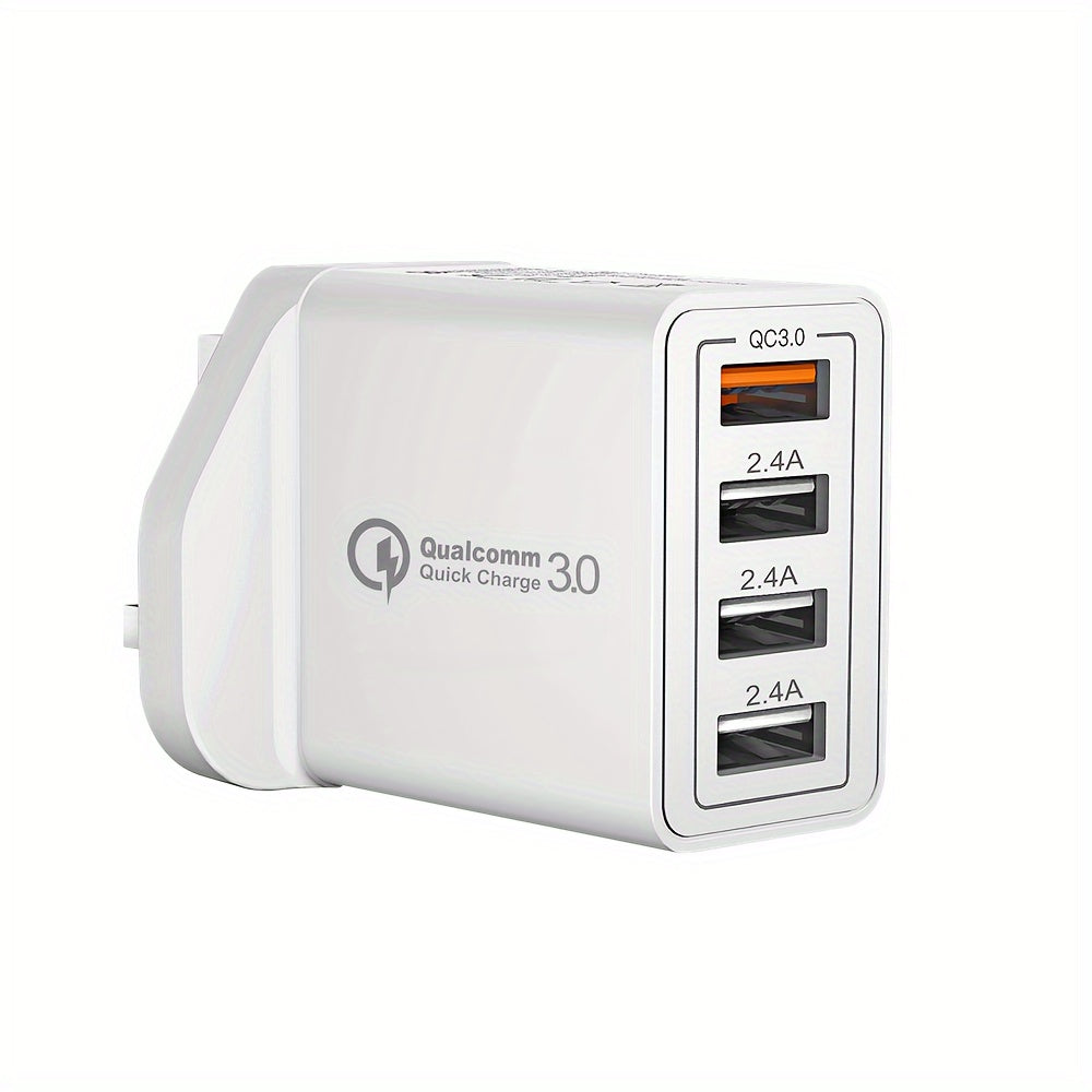 4-Port USB Fast Charger UK Plug - Quick Charge 3.0 Wall Adapter for iPhone & Android Devices (10-20W)