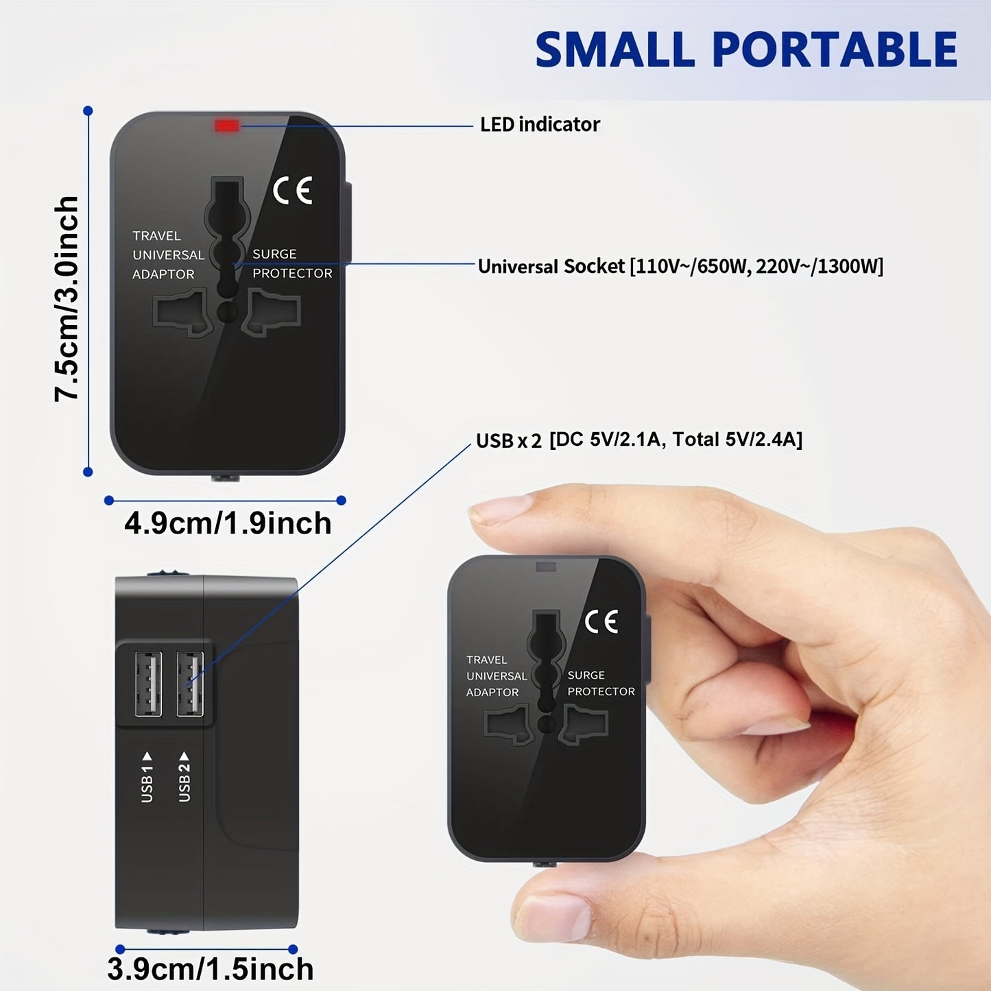 Global Travel Charger with Dual USB Ports – All-in-One Universal Wall Adapter (USA/EU/UK/AUS Plugs) for Phones, Tablets & Devices – Compact 110V-220V Power Converter