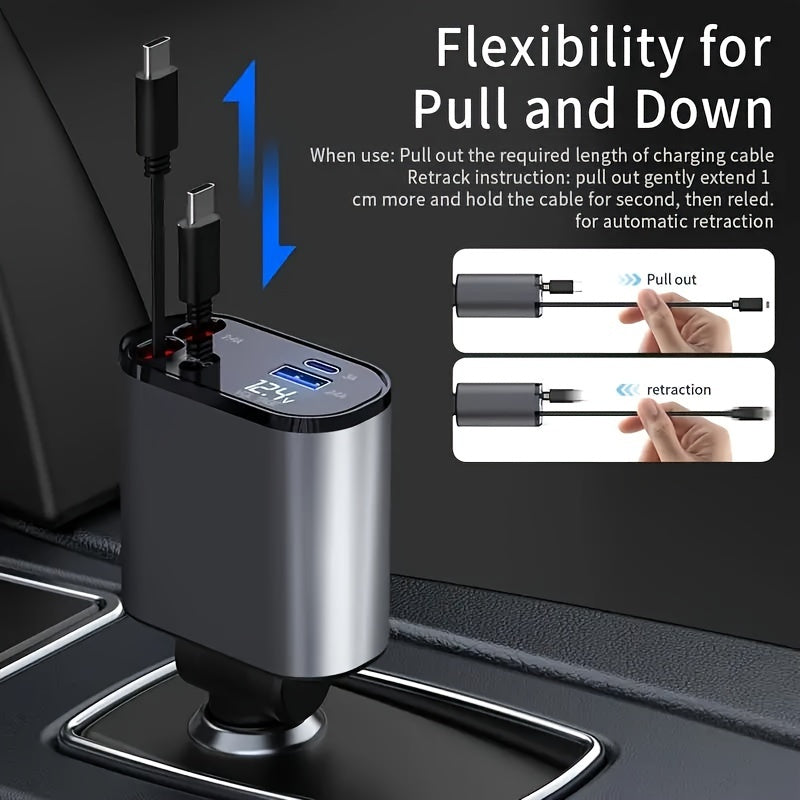 4-in-1 Retractable Car Phone Charger | Dual USB Ports | Fast Charging Adapter for Android | Compact Auto Interior Accessory