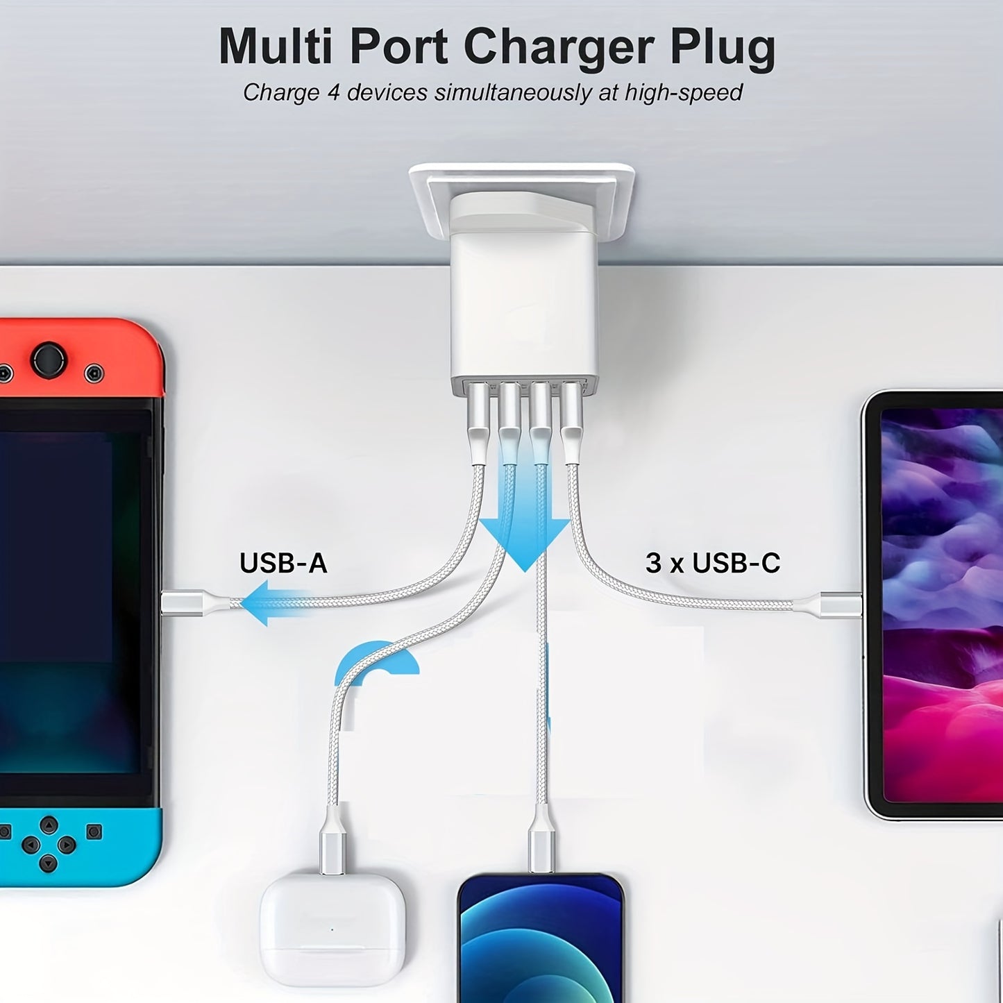 4-Port USB Fast Charger UK Plug - Quick Charge 3.0 Wall Adapter for iPhone & Android Devices (10-20W)