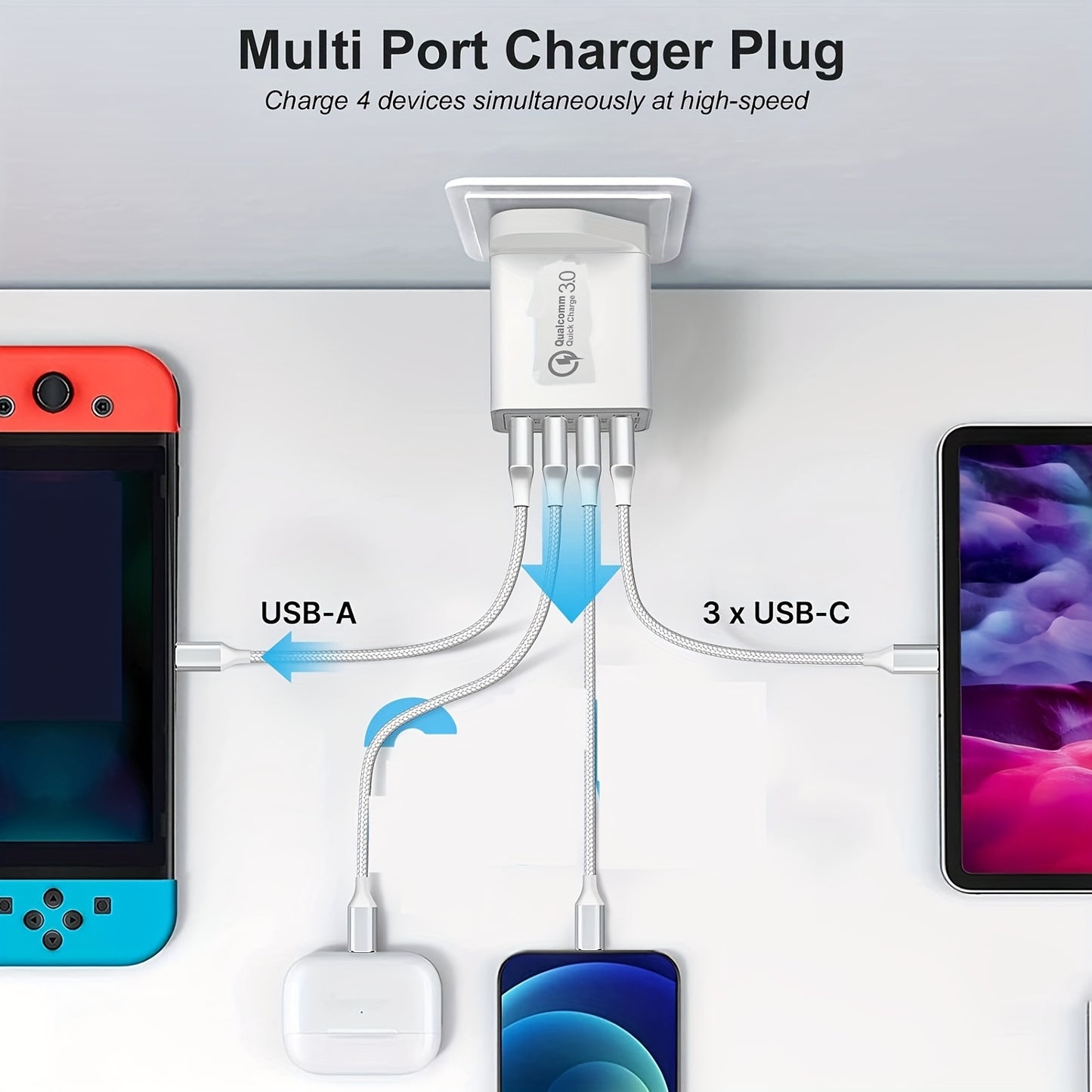 4-Port USB Fast Charger UK Plug - Quick Charge 3.0 Wall Adapter for iPhone & Android Devices (10-20W)
