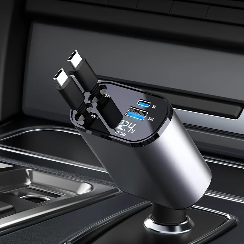 4-in-1 Retractable Car Phone Charger | Dual USB Ports | Fast Charging Adapter for Android | Compact Auto Interior Accessory