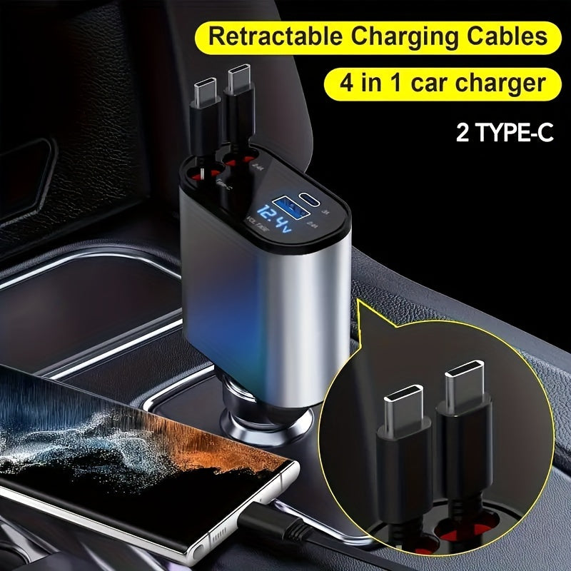 4-in-1 Retractable Car Phone Charger | Dual USB Ports | Fast Charging Adapter for Android | Compact Auto Interior Accessory