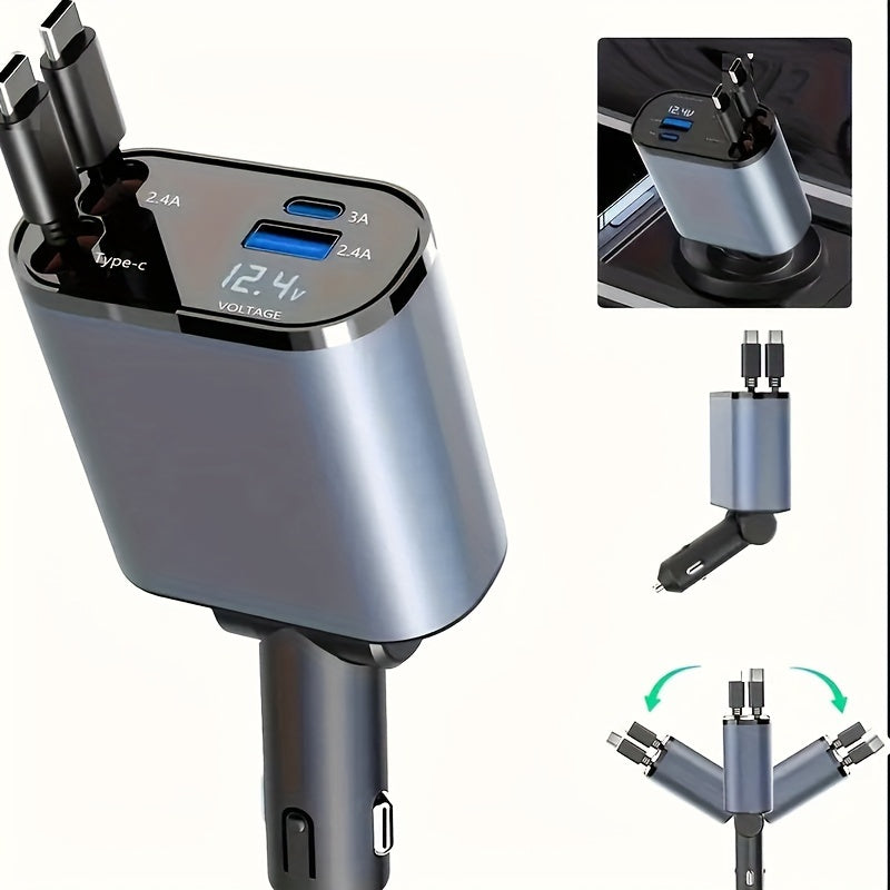 4-in-1 Retractable Car Phone Charger | Dual USB Ports | Fast Charging Adapter for Android | Compact Auto Interior Accessory