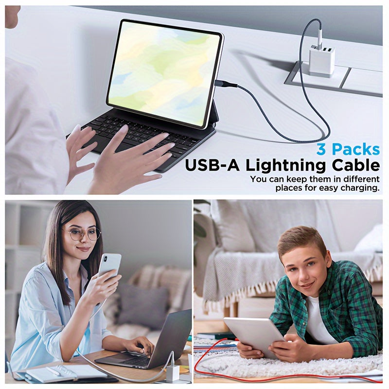 3/6pcs iPhone Fast Charging Cable Set – 1.8m Nylon Braided USB to Lightning Cable with Data Sync, 10-20W High-Speed Charging for iPhone 14/13/12/11/X Series (Red/Gray/White)