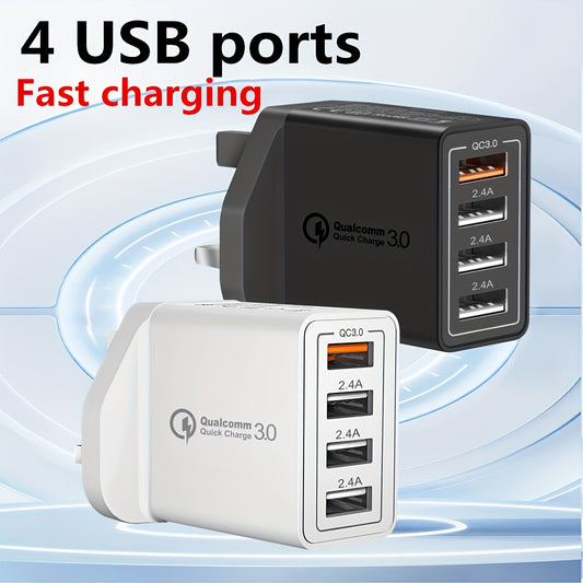 4-Port USB Fast Charger UK Plug - Quick Charge 3.0 Wall Adapter for iPhone & Android Devices (10-20W)