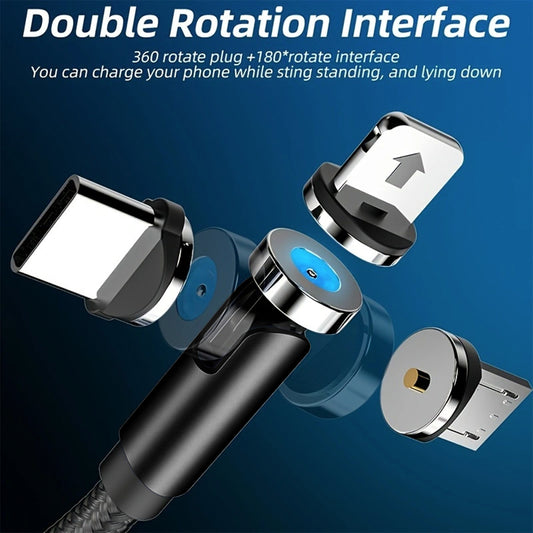 540° Rotating Magnetic Charging Cable – 3-in-1 Fast Charging Cord with Micro USB, Type-C & Lightning Connectors (1 Cable + 3 Plugs)