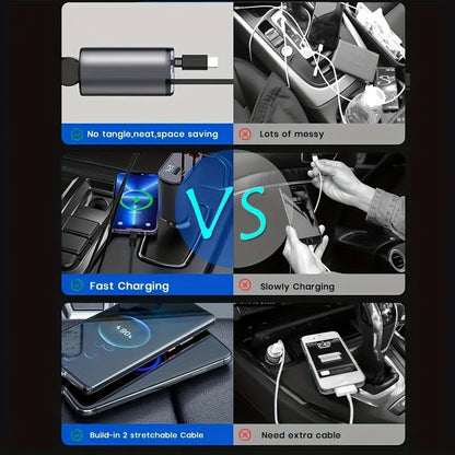 4-in-1 Retractable Car Phone Charger | Dual USB Ports | Fast Charging Adapter for Android | Compact Auto Interior Accessory