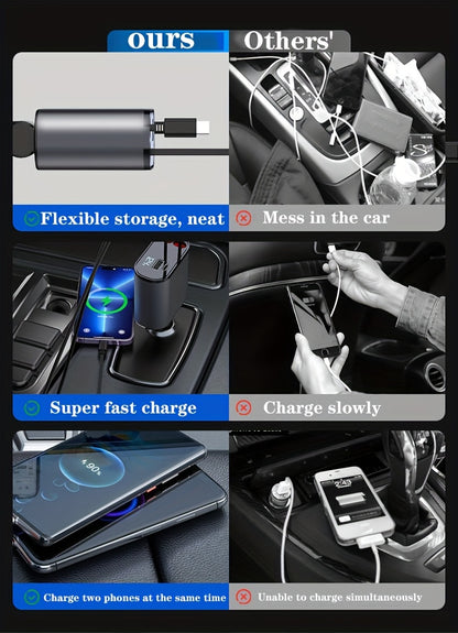 4-in-1 Retractable Car Phone Charger | Dual USB Ports | Fast Charging Adapter for Android | Compact Auto Interior Accessory