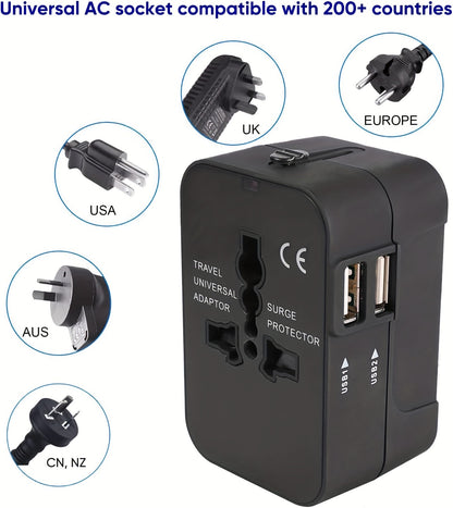 Global Travel Charger with Dual USB Ports – All-in-One Universal Wall Adapter (USA/EU/UK/AUS Plugs) for Phones, Tablets & Devices – Compact 110V-220V Power Converter