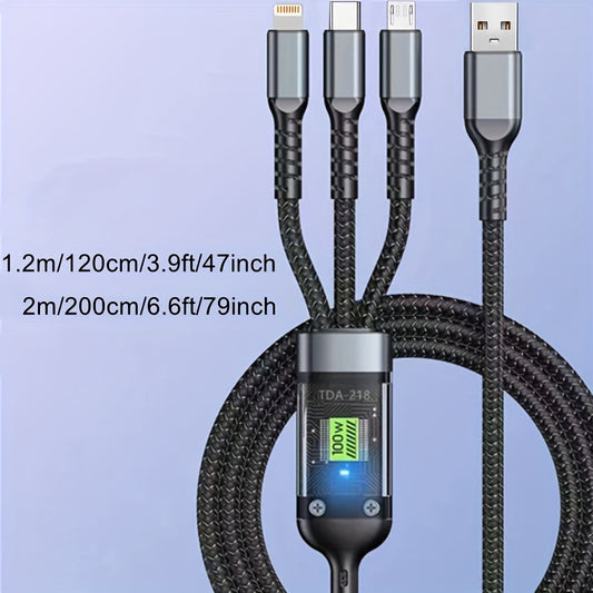 100W 3-in-1 Fast Charging Nylon Cable – Universal USB Charger for iPhone 14/13/12/11/SE/X & Android Devices, Data Transfer Supported