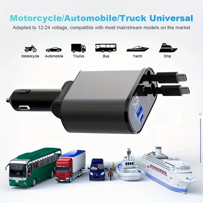 4-in-1 Retractable Car Phone Charger | Dual USB Ports | Fast Charging Adapter for Android | Compact Auto Interior Accessory