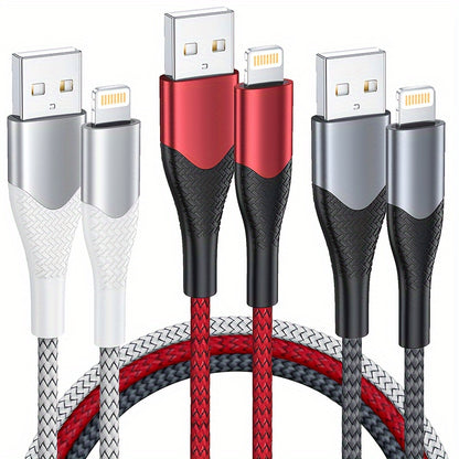 3/6pcs iPhone Fast Charging Cable Set – 1.8m Nylon Braided USB to Lightning Cable with Data Sync, 10-20W High-Speed Charging for iPhone 14/13/12/11/X Series (Red/Gray/White)