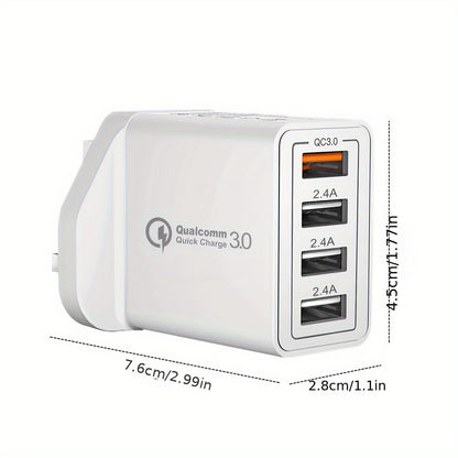 4-Port USB Fast Charger UK Plug - Quick Charge 3.0 Wall Adapter for iPhone & Android Devices (10-20W)