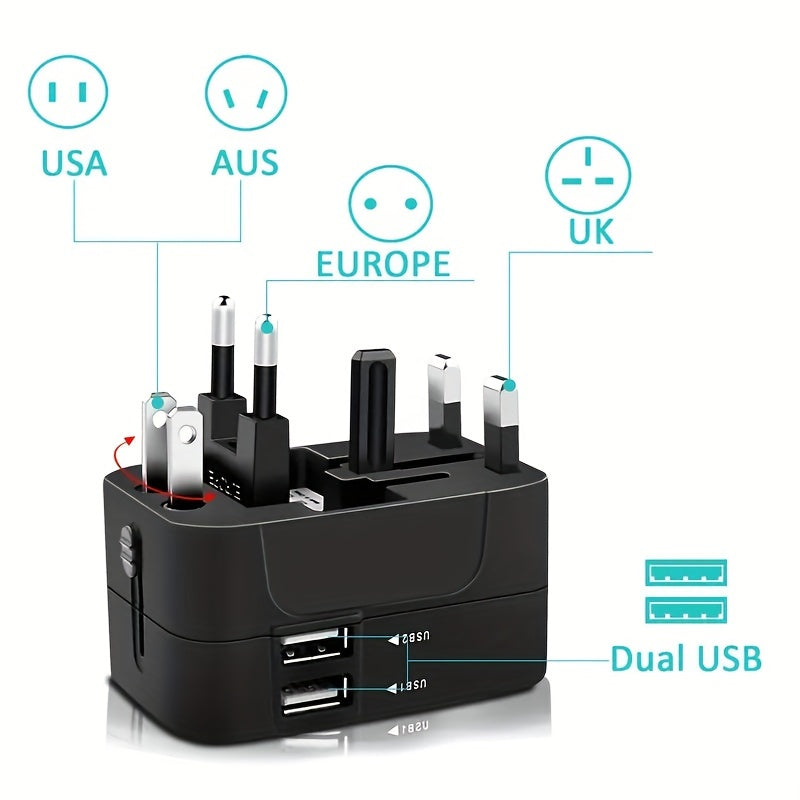 Global Travel Charger with Dual USB Ports – All-in-One Universal Wall Adapter (USA/EU/UK/AUS Plugs) for Phones, Tablets & Devices – Compact 110V-220V Power Converter