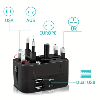 Global Travel Charger with Dual USB Ports – All-in-One Universal Wall Adapter (USA/EU/UK/AUS Plugs) for Phones, Tablets & Devices – Compact 110V-220V Power Converter