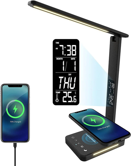 LED Table Lamp with 10W Wireless Charger & LCD Display – Touch Control, 3 Brightness Modes, Night Light, USB Output | Modern Desk Lamp for Home, Hotel & Office