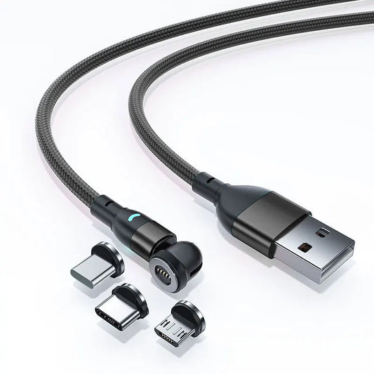 Greenport 3-in-1 Magnetic Charging Cable – L-Shaped 3A Fast Charger with USB Type-C, Micro USB, and iOS Connectors (1M / 2M)