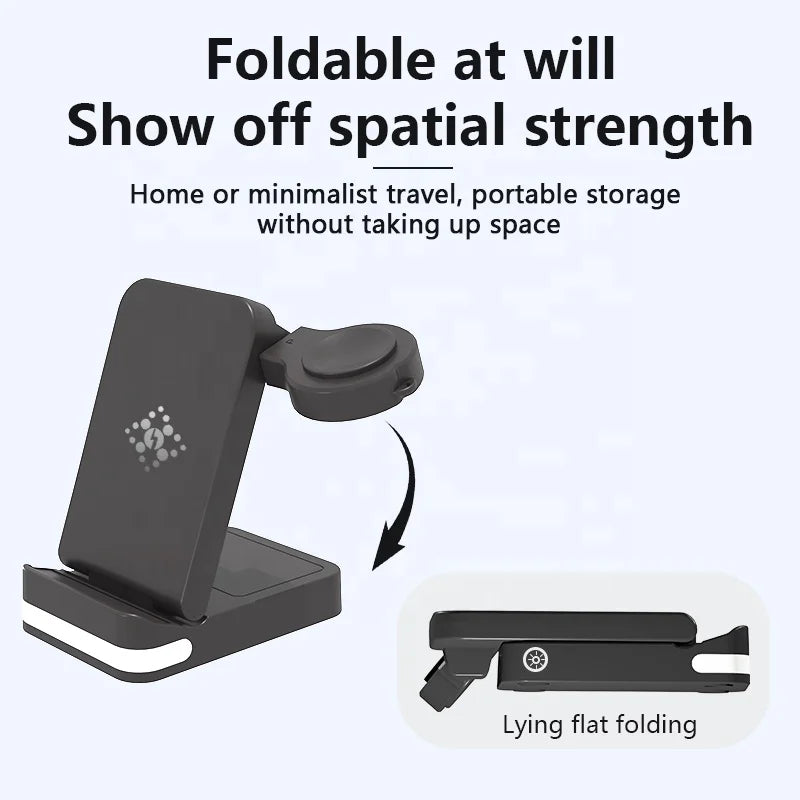 3-in-1 Foldable Fast Wireless Charging Station for iPhone, Android, Watch & Earbuds – 10W Output