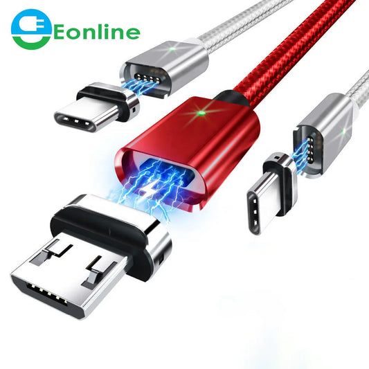 EONLINE Magnetic USB Charging Cable – 3A/5A Super Fast Charge, Type-C & Micro USB Connectors, 1M Braided Cable (White)
