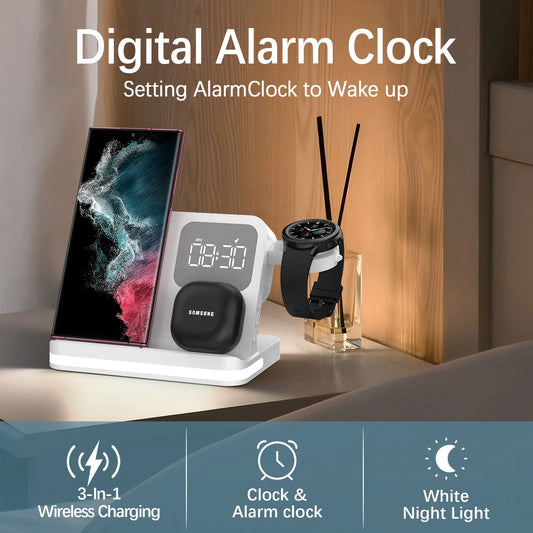 3-in-1 Wireless Charger with Night Light & Alarm Clock – For iPhone & Android, 15W Max Output