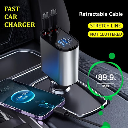 4-in-1 Retractable Car Phone Charger | Dual USB Ports | Fast Charging Adapter for Android | Compact Auto Interior Accessory