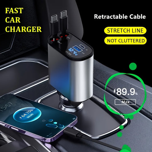 4-in-1 Retractable Car Phone Charger | Dual USB Ports | Fast Charging Adapter for Android | Compact Auto Interior Accessory