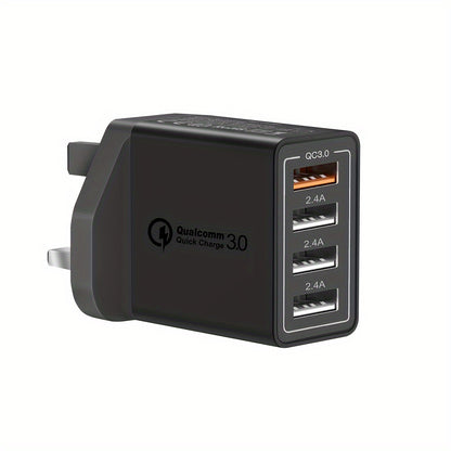 4-Port USB Fast Charger UK Plug - Quick Charge 3.0 Wall Adapter for iPhone & Android Devices (10-20W)
