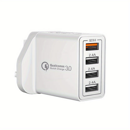 4-Port USB Fast Charger UK Plug - Quick Charge 3.0 Wall Adapter for iPhone & Android Devices (10-20W)