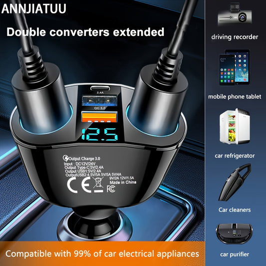 Dual USB & Type-C Car Charger with Digital Display | QC3.0 Fast Charging | Universal Car Plug Adapter | Female to Male Connector | ≤36V Power Supply