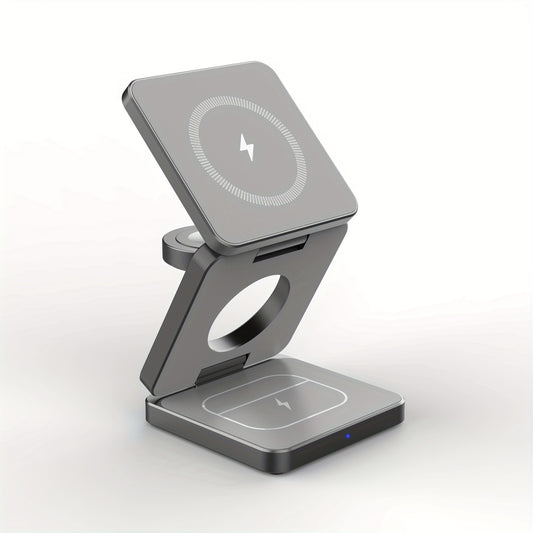 3-in-1 Foldable Magnetic Wireless Charging Station for iPhone, Android, Watch & Earbuds – 15W Fast Charge, Travel-Friendly